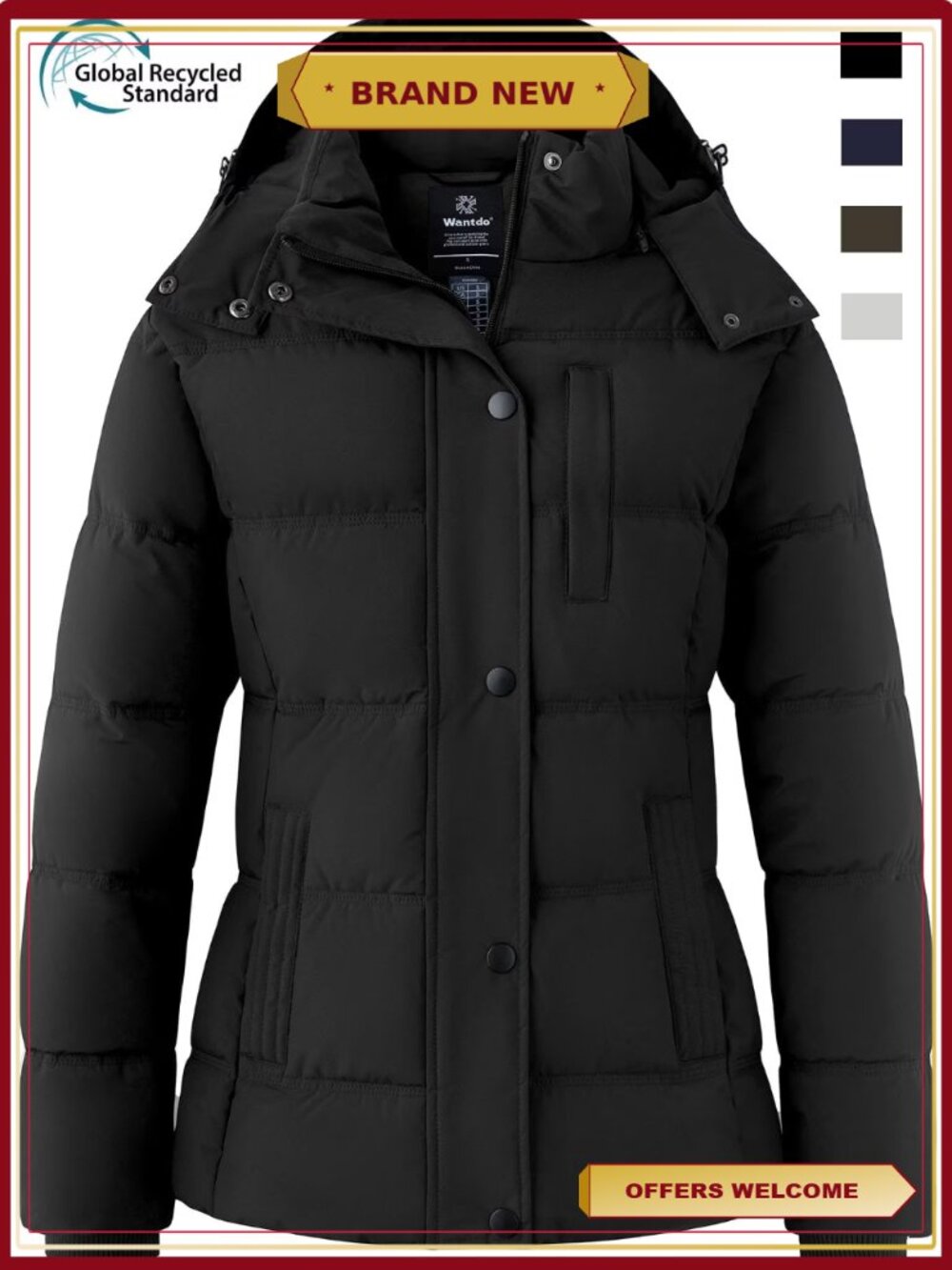 Recycled Winter Puffer Jacket Hooded Insulated Warm Coat